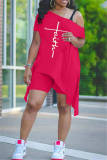 Rose Red Fashion Casual Print Asymmetrische Schuine Kraag Korte Mouw Twee Stukken