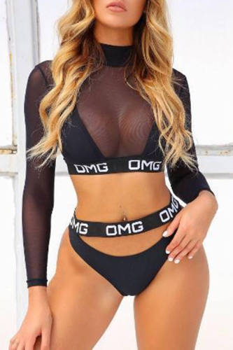Black Fashion Sexy Letter Patchwork Hollowed Out See-through Swimwears Three-piece Set (With Paddings)