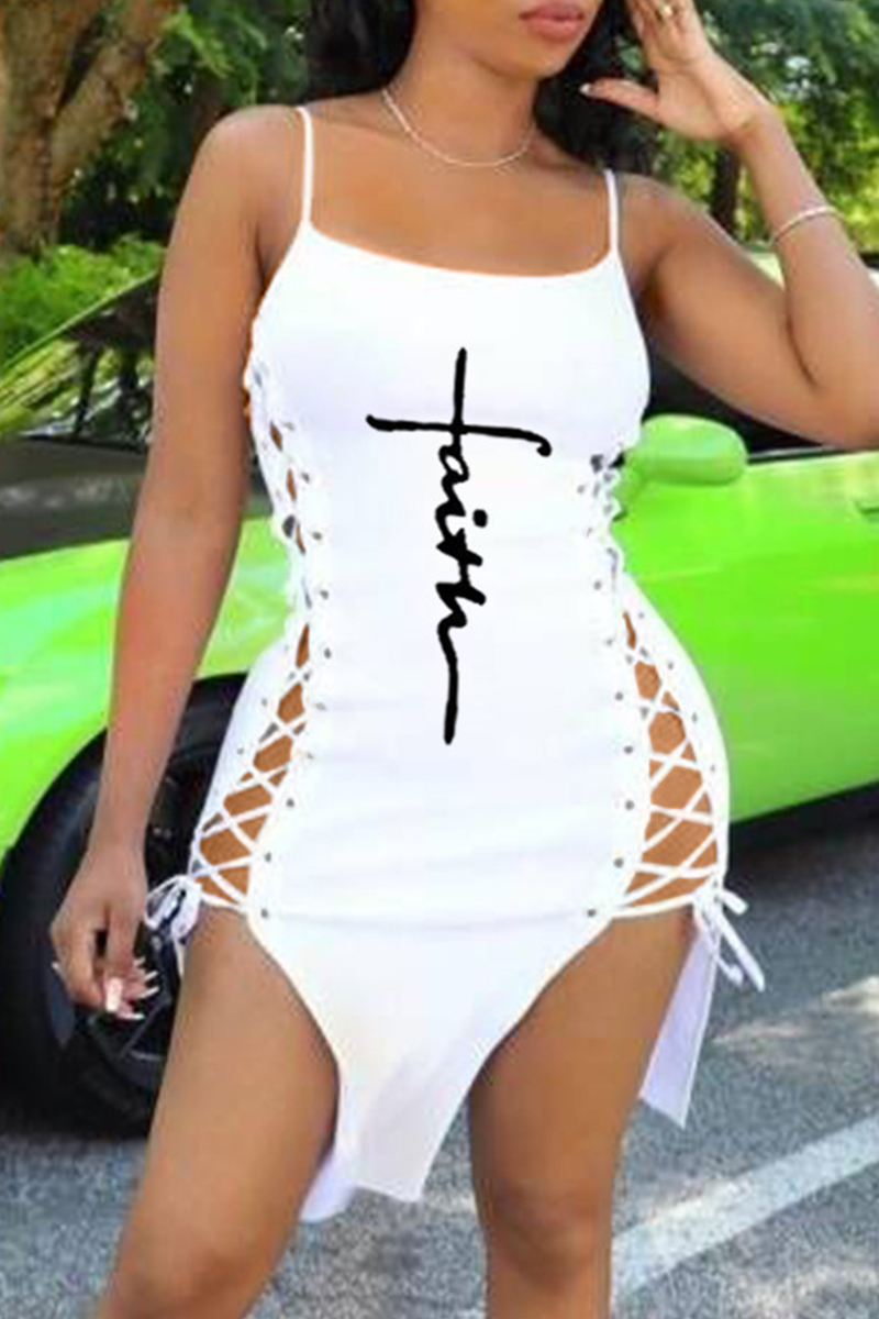 

White Fashion Sexy Print Bandage Slit Spaghetti Strap Sleeveless Dress