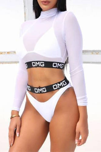 White Fashion Sexy Letter Patchwork Hollowed Out See-through Swimwears Three-piece Set (With Paddings)
