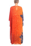 Tangerine Sexy Print Patchwork V Neck Plus Size Two Pieces