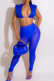 Blue Sexy Solid Patchwork See-through Sleeveless Two Pieces