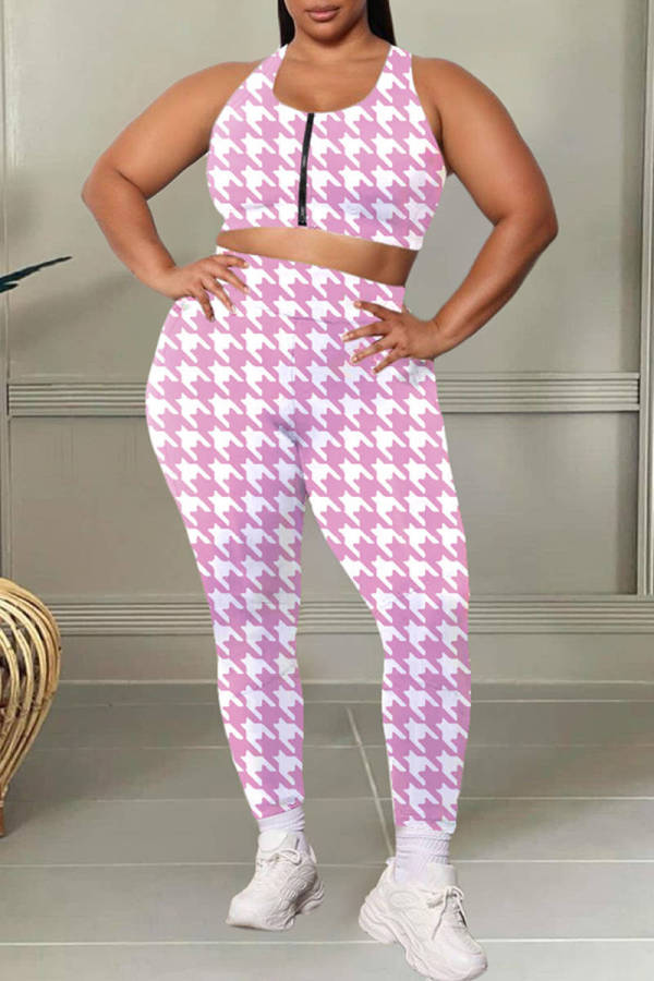 Pink Fashion Casual Print Patchwork O Neck Plus Size Two Pieces