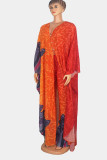 Tangerine Sexy Print Patchwork V Neck Plus Size Two Pieces
