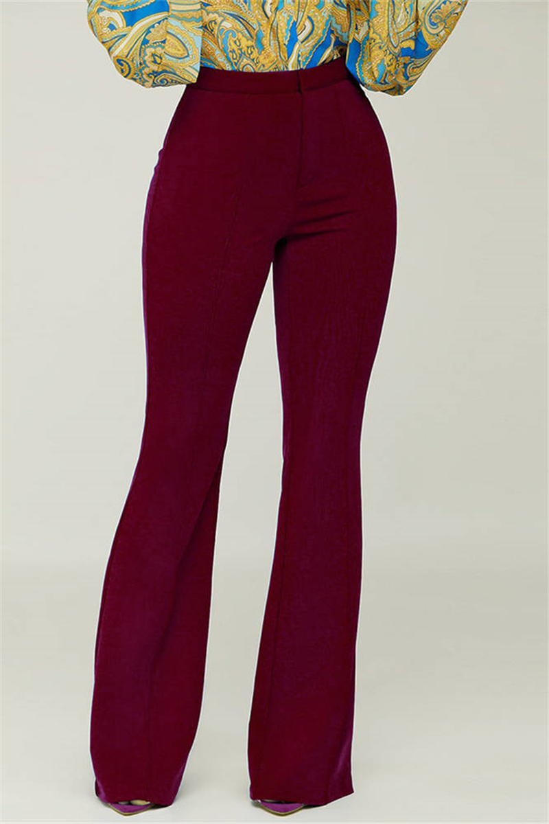 Burgundy Fashion Casual Solid Basic Regular High Waist Trousers