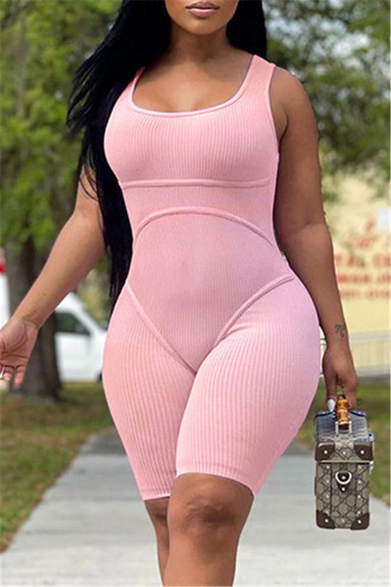 

Pink Fashion Casual Solid Basic U Neck Skinny Romper