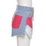 Short jeans skinny básico moda casual patchwork vermelho cintura alta
