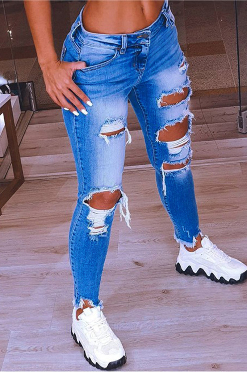 

Deep Blue Fashion Casual Solid Ripped High Waist Skinny Denim Jeans