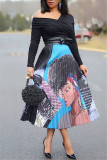 Blue Black Fashion Casual Print Fold Regular High Waist Pleated Skirt