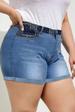 Königsblau Mode Lässig Patchwork Basic Regular Hohe Taille Konventionelle Patchwork Plus Size Jeansshorts