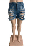 Pantalones cortos de mezclilla de talla grande de color sólido convencional de cintura alta rasgados sólidos informales sexis de moda azul