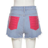 Rote, modische, lässige Patchwork-Basic-Skinny-Denim-Shorts mit hoher Taille