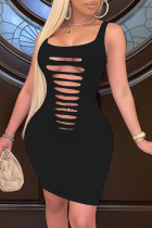 Black Fashion Sexy Solid Hollowed Out Backless U Neck Vest Dress