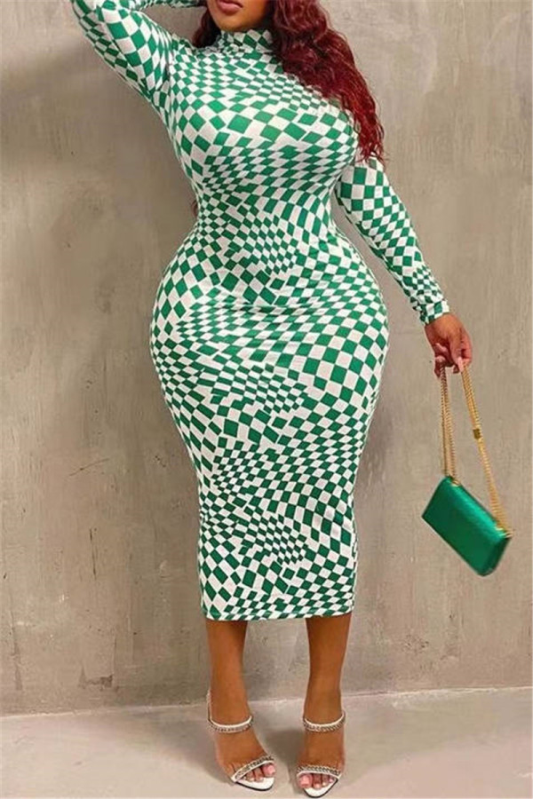Weiß Grün Mode Casual Plaid Print Basic Rollkragen Langarm Plus Size Kleider