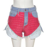 Short en jean skinny taille haute basique patchwork décontracté rouge