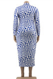 White Blue Fashion Casual Plaid Print Basic Turtleneck Long Sleeve Plus Size Dresses