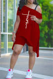 Rose Red Fashion Casual Print Asymmetrische Schuine Kraag Korte Mouw Twee Stukken