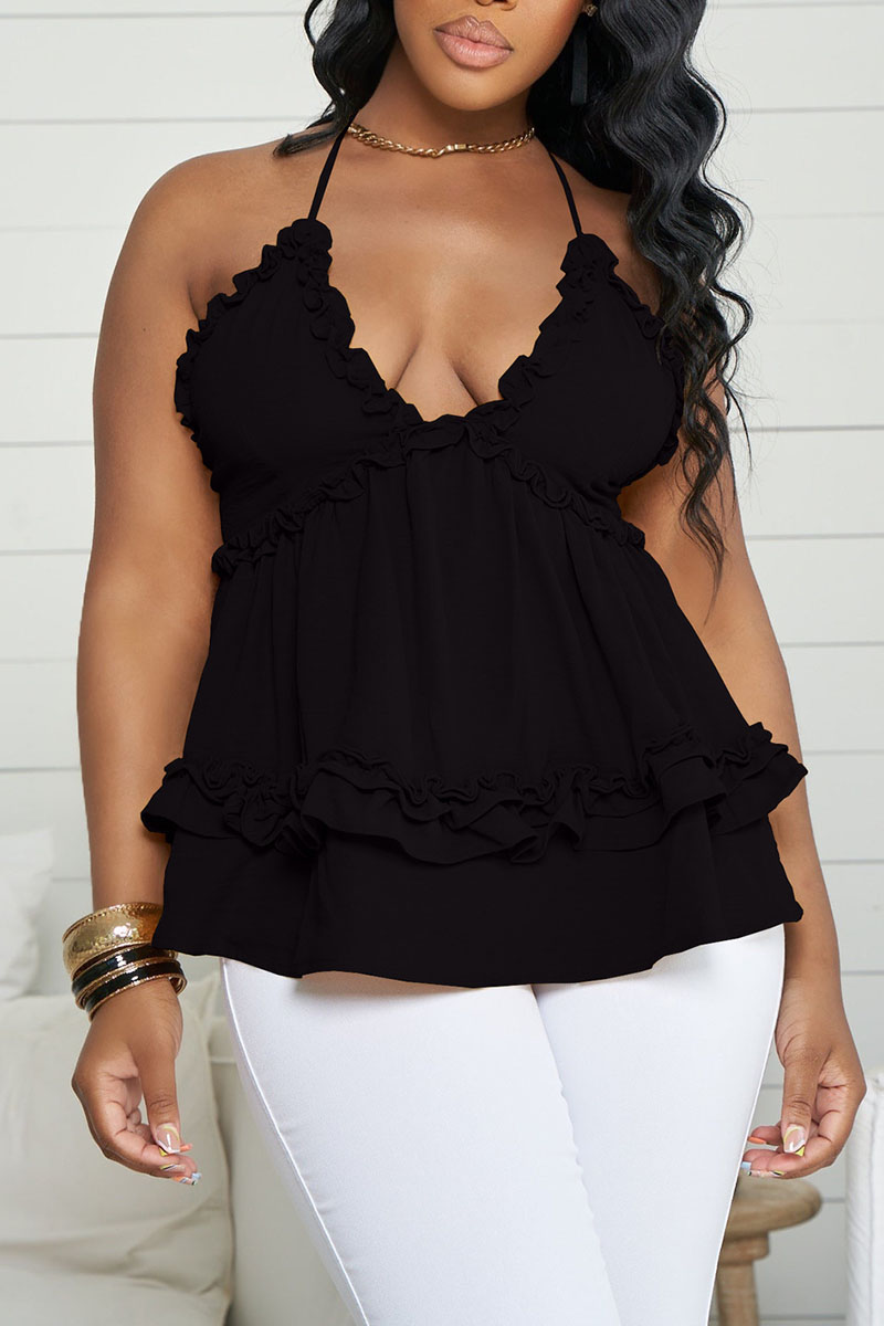 

Black Celebrities Solid Split Joint Spaghetti Strap Tops