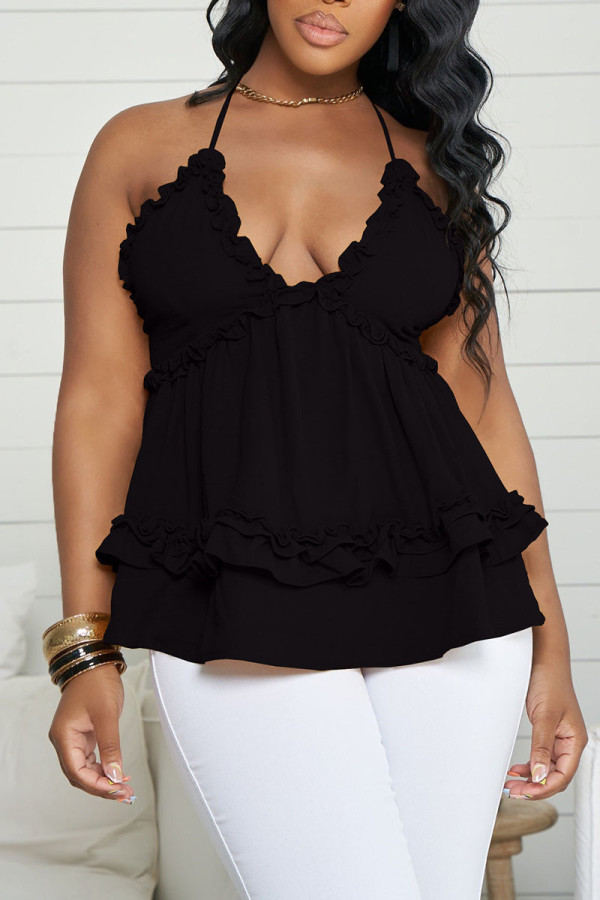 Black Celebrities Solid Patchwork Spaghetti Strap Tops