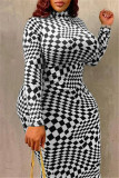 Black And White Fashion Casual Plaid Print Basic Turtleneck Long Sleeve Plus Size Dresses
