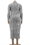 Black And White Fashion Casual Plaid Print Basic Turtleneck Long Sleeve Plus Size Dresses