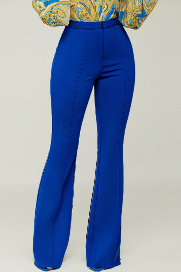 Pantalones de cintura alta regulares básicos sólidos casuales de moda azul