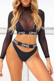 Black Fashion Sexy Letter Patchwork Hollowed Out See-through Swimwears Three-piece Set (With Paddings)