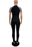 Black Casual Print Patchwork V Neck Short Sleeve Two Pieces