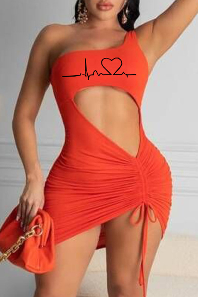 

Orange Fashion Sexy Print Hollowed Out Backless One Shoulder Sleeveless Dress