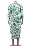 Vit grönt mode Casual plädtryck Basic långärmade klänningar med långa ärmar