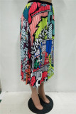 Green Fashion Casual Print Fold Regular High Waist Pleated Skirt