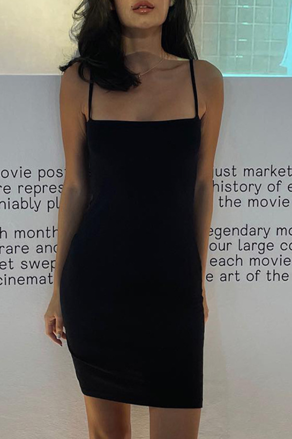 黒のセクシーなソリッドパッチワークスパゲッティストラップペンシルスカートドレス