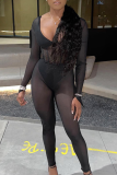 Black Sexy Solid Mesh V Neck Long Sleeve Two Pieces