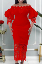 Rode mode casual effen patchwork off-shoulder lange jurk jurken