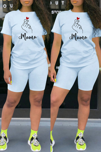 Light Blue Fashion Casual Print Basic O Neck Short Sleeve Two Pieces