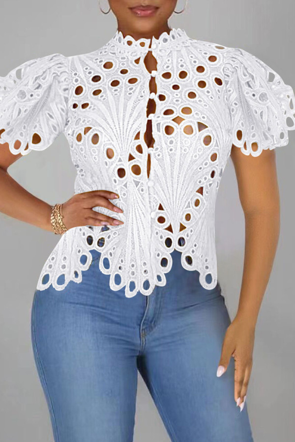 T-shirts asymétriques à boucle patchwork évidée solide sexy à la mode blanc