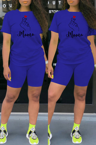 Royal Blue Fashion Casual Print Basic O Neck Short Sleeve Two Pieces