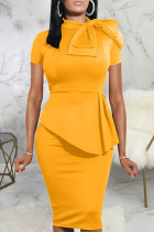 ボウOネックワンステップスカートドレスと非対称の黄色のカジュアルなソリッドパッチワーク