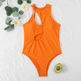 Orangefarbene, modische, sexy, einfarbige, ausgehöhlte Patchwork-Badebekleidung (mit Polsterungen)