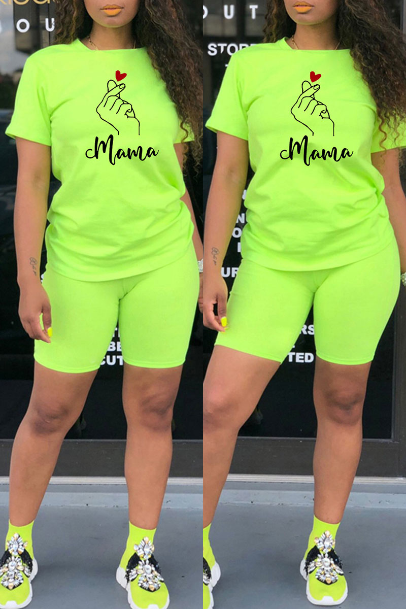 

Fluorescent Green Fashion Casual Print Basic O Neck Short Sleeve Two Pieces