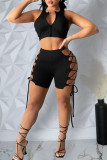 White Sexy Solid Bandage Hollowed Out Patchwork Zipper Collar Sleeveless Two Pieces