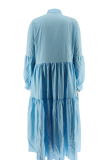 ライトブルー カジュアル ソリッド パッチワーク ターンダウン カラー ケーキ スカート プラス サイズ ドレス (ベルトなし)