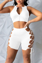 White Sexy Solid Bandage Hollowed Out Patchwork Zipper Collar Sleeveless Two Pieces
