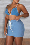 Light Blue Fashion Casual Solid Bandage Patchwork High Waist Regular Denim Mini Skirts