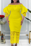 Vestido largo con hombros descubiertos de patchwork sólido casual de moda amarillo Vestidos