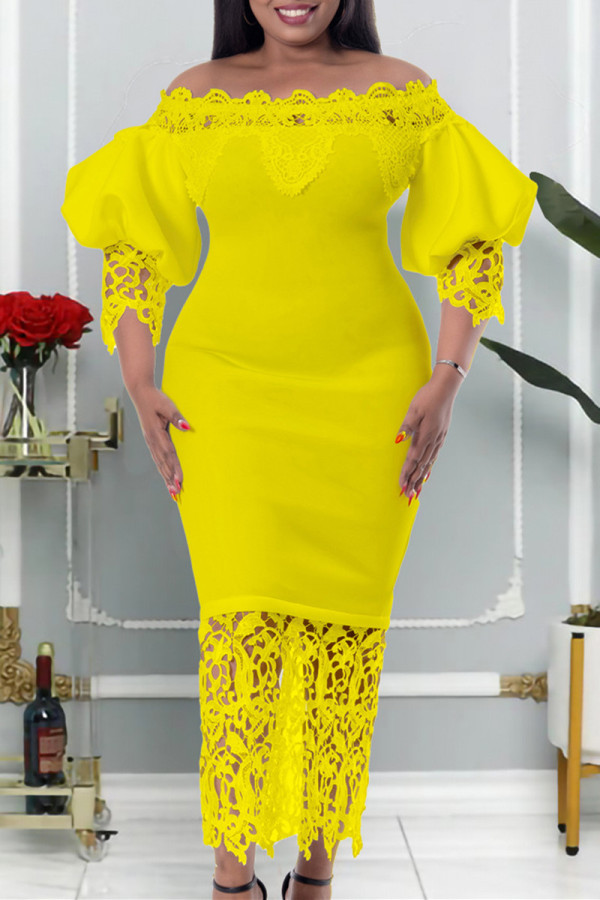 Gele mode casual effen patchwork off-shoulder lange jurk jurken