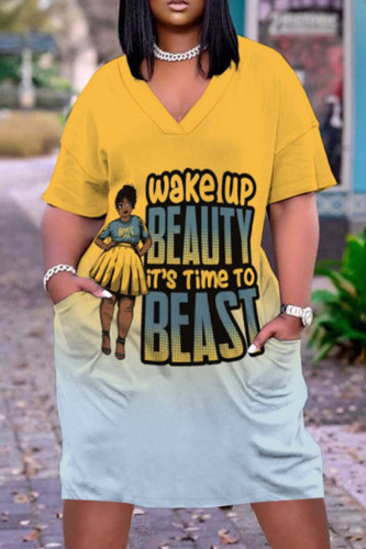 Yellow Casual Gradual Change Print Pocket V Neck Straight Dresses