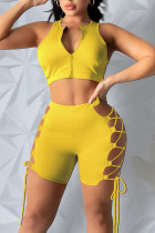 Lemon Yellow Sexy Solid Bandage Hollowed Out Patchwork Zipper Collar Sleeveless Two Pieces