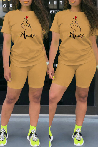 Apricot Fashion Casual Print Basic O Neck Short Sleeve Two Pieces