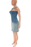 Light Blue Sexy Gradual Change Bandage Patchwork Spaghetti Strap Sleeveless Regular Denim Dresses